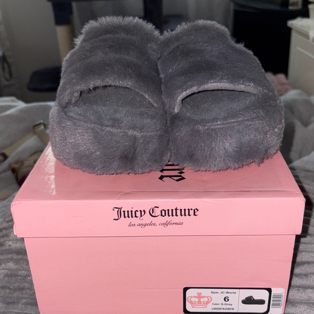 Juicy Couture Charcoal Fuzzy Slippers(never worn comes with box)